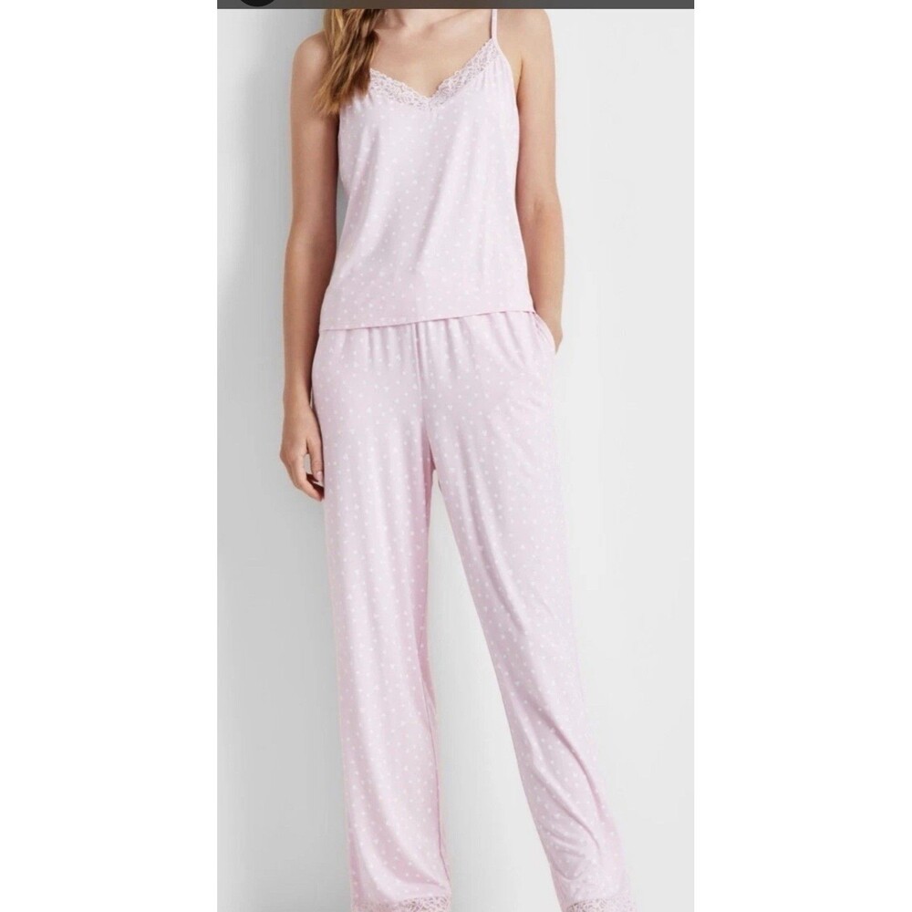 State of Day Women's Lace-Trim Camisole Pajama Set, Pink Dot,large